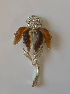 Crystal Accent Brown Amber Leaf Floral Brooch - Women Jewelry